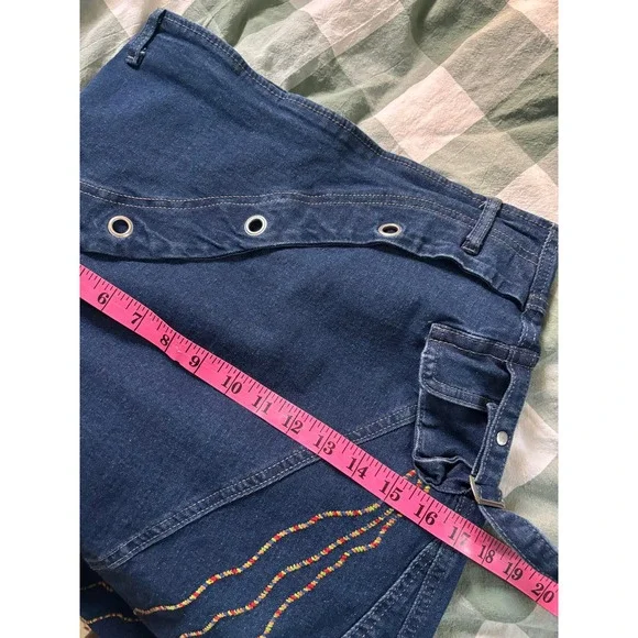 Y2K Style Cargo Denim Maxi Skirt Dark Wash Grommet Utility Stitching Blue - Picture 4 of 6